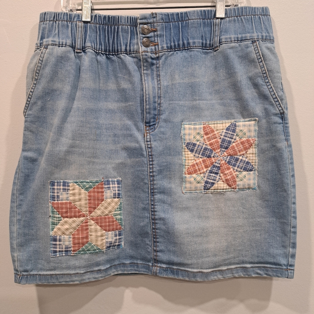 Upcycled Cleo Blue Denim Skirt With Patchwork Applique